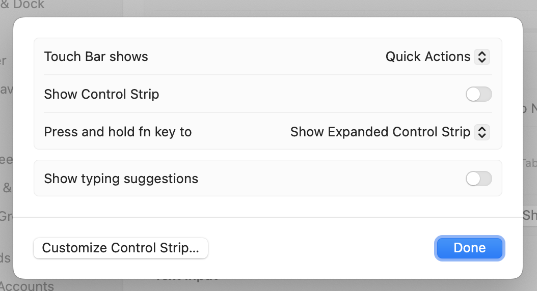 Touch Bar Settings dialog contents